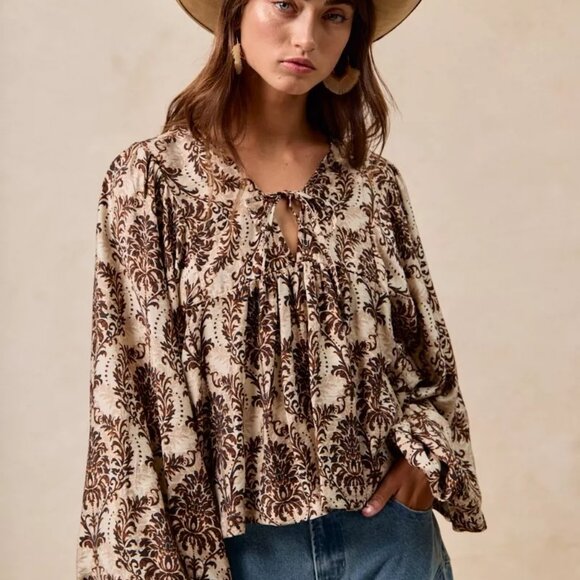BiBi Printed Woven Front Tied Blouse with Baloon Sleeve - Picture 1 of 16